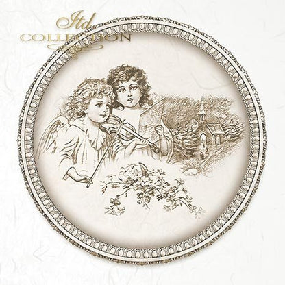 Decorative plate with vintage illustration of two children playing music, framed by decorative border.