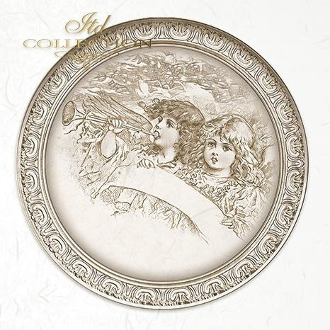 Decorative plate with artistic design of two figures and intricate border on a white background