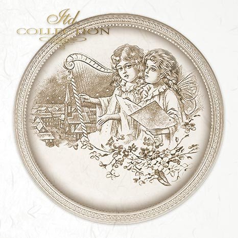 Decorative plate with vintage illustration of two children by a harp on a white background.