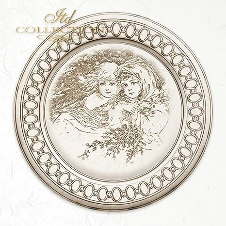 Decorative plate with an engraved design of two women and floral elements on a white background.