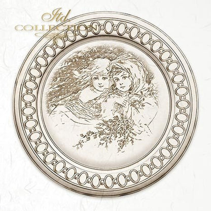 Decorative plate with an engraved design of two women and floral elements on a white background.