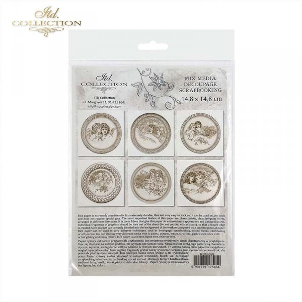 Packaging of decorative scrapbooking papers with circular designs on a white background.