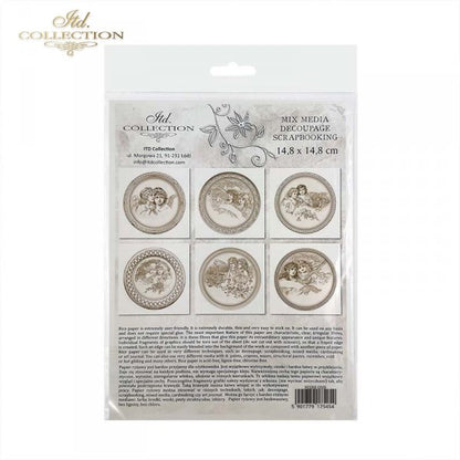 Packaging of decorative scrapbooking papers with circular designs on a white background.