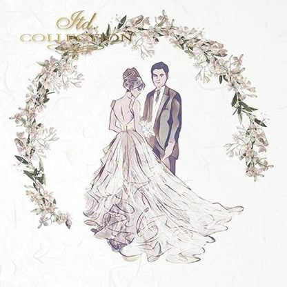 Illustration of a couple in wedding attire framed by floral elements on a light background.
