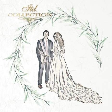 Illustration of a couple in wedding attire with decorative leaves and 'itd. collection' text.