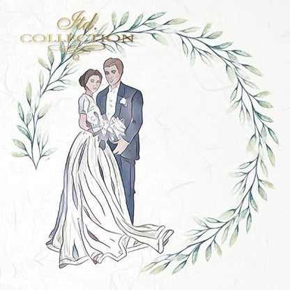Illustration of a bride and groom surrounded by greenery with flowers