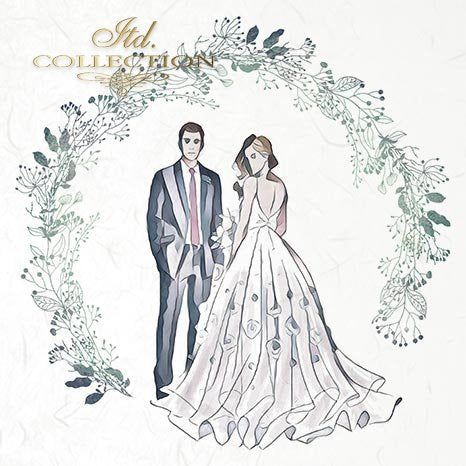 Illustration of a couple in wedding attire with floral wreath, 'Itd. Collection' text.