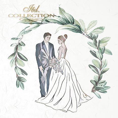 Illustration of a couple in wedding attire with a decorative leaf frame and 'Itd. Collection' text.