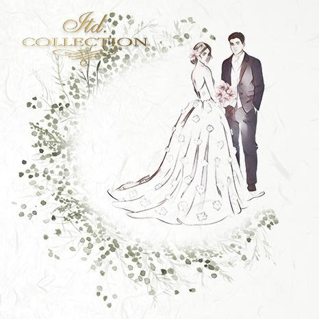 Illustration of a bride and groom with decorative elements and 'itd Collection' text.