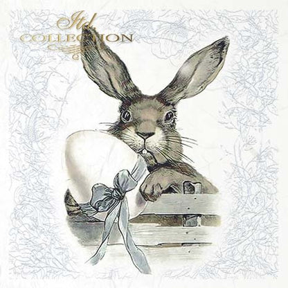 Illustration of a rabbit with a large egg and a bow, on a textured white background.
