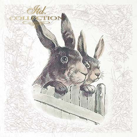 Two rabbits peeking over a fence with a decorative background