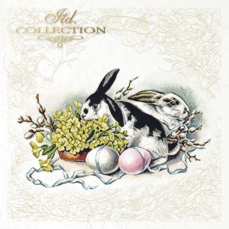 Vintage-style illustration of a rabbit with Easter eggs and flowers on a textured background.