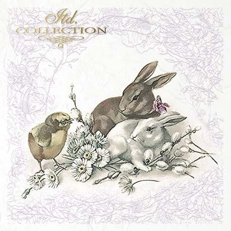 Illustration of a rabbit and two baby bunnies with a bird and flowers on a textured background.