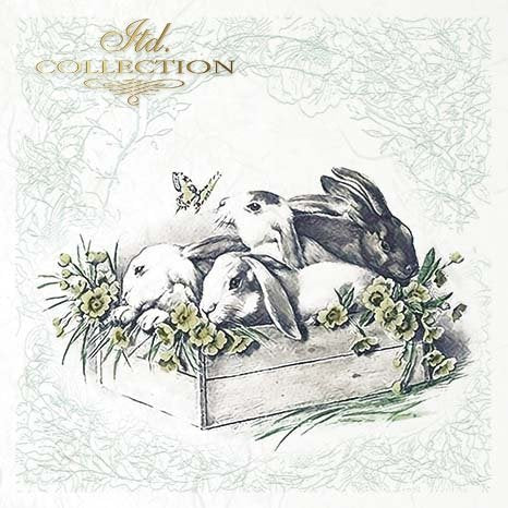 Illustration of rabbits with flowers and a butterfly on a textured background 