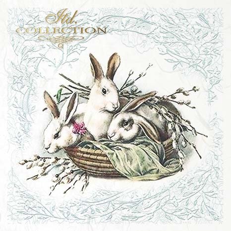 Three rabbits in a basket with branches and leaves on a textured background