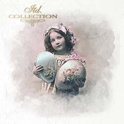 Vintage-style image of a girl holding decorative eggs