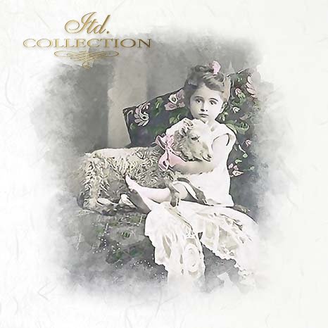 Vintage-style photo of a young girl holding a lamb