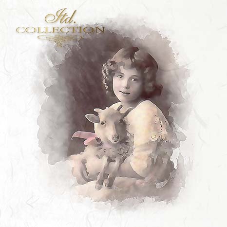 Vintage-style portrait of a young girl holding a lamb