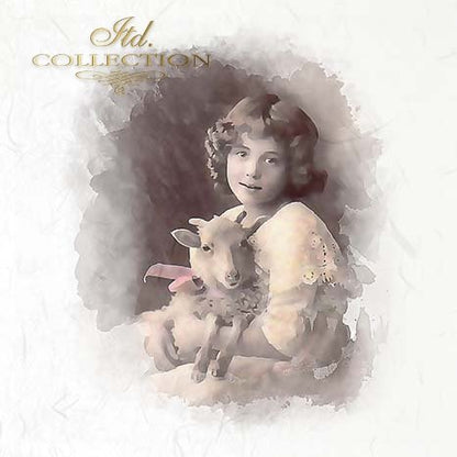 Vintage-style portrait of a young girl holding a lamb