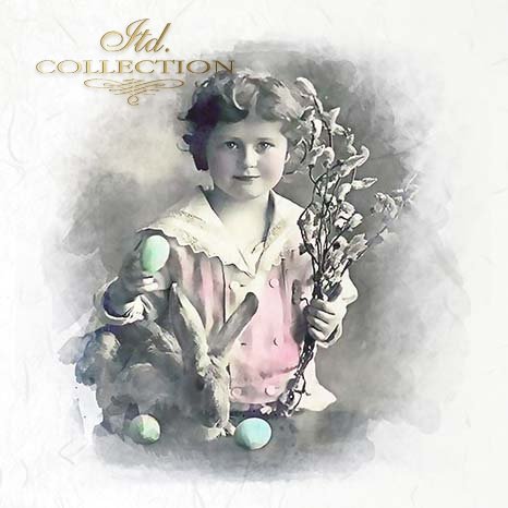 Vintage-style portrait of a child holding Easter eggs and a bunny