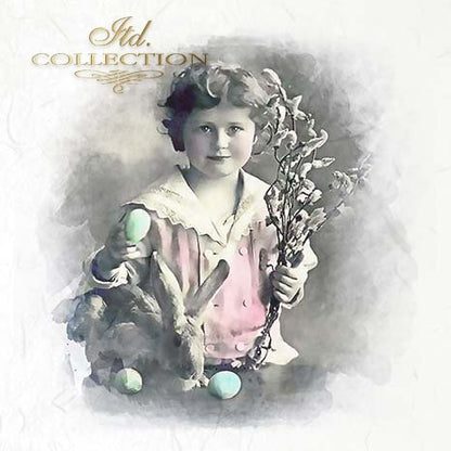 Vintage-style portrait of a child holding Easter eggs and a bunny