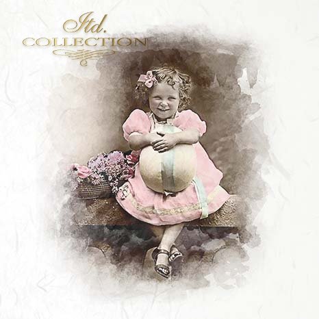 Vintage-style photo of a young girl in a pink dress holding a large egg