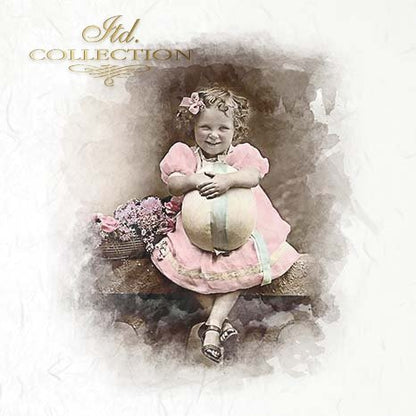 Vintage-style photo of a young girl in a pink dress holding a large egg