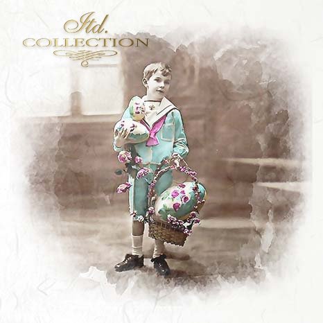 Vintage-style illustration of a boy with floral decorations and a basket