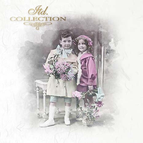 Vintage-style photo of two children holding flowers
