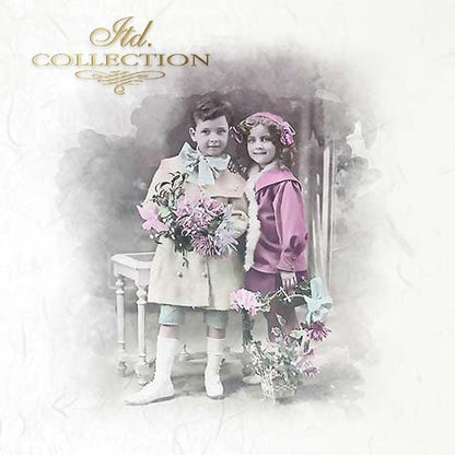 Vintage-style photo of two children holding flowers