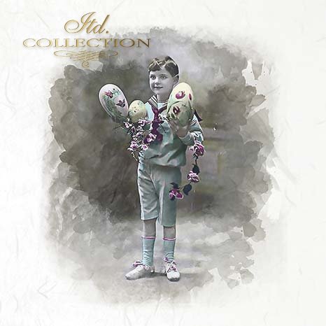 Vintage-style image of a child holding Easter eggs with decorative ribbons on a watercolor background.