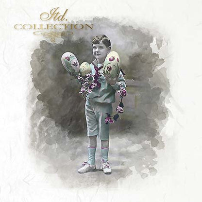 Vintage-style image of a child holding Easter eggs with decorative ribbons on a watercolor background.