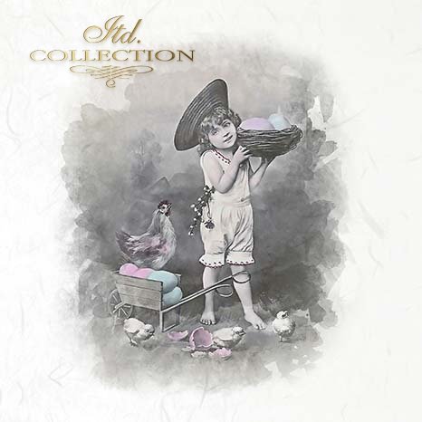 Vintage-style illustration of a child with chickens and eggs