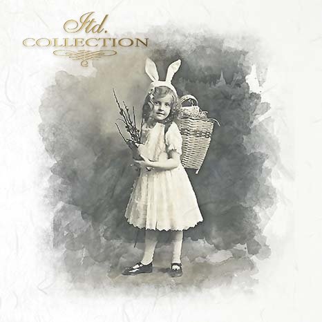 Vintage-style image of a girl in a white dress with bunny ears holding a basket.