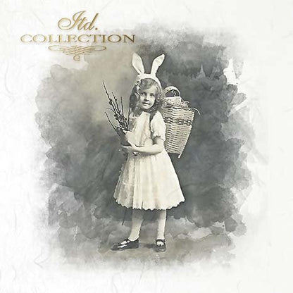 Vintage-style image of a girl in a white dress with bunny ears holding a basket.