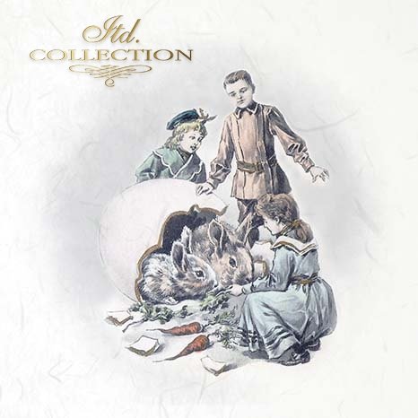 Vintage-style illustration of children with a rabbit on a white background