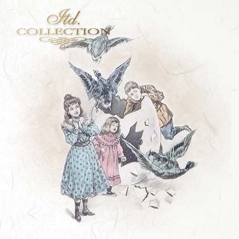 Vintage-style illustration of children with birds on a light background, featuring the text 'itd. Collection'.