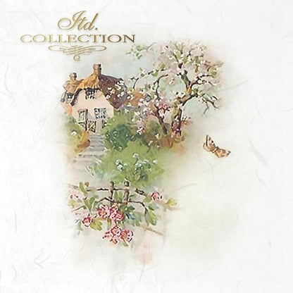 Vintage-style illustration of a quaint house with cherry blossom trees