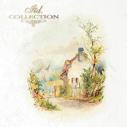 Artistic depiction of a quaint village scene with a house and people