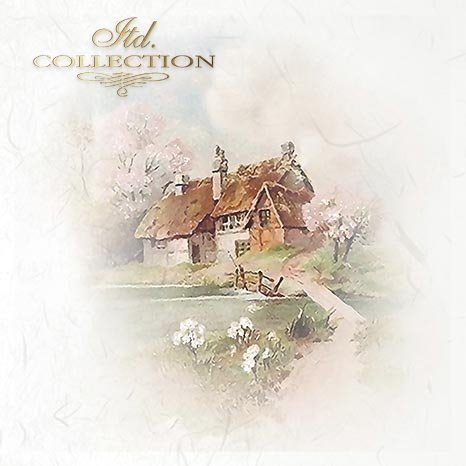 Thatched cottage with cherry blossom trees on a soft, light background