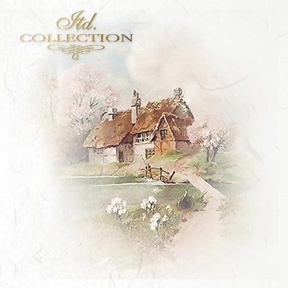 Thatched cottage with cherry blossom trees on a soft, light background