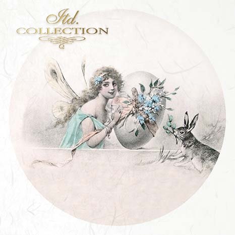 Vintage-style illustration of a fairy with flowers and a rabbit