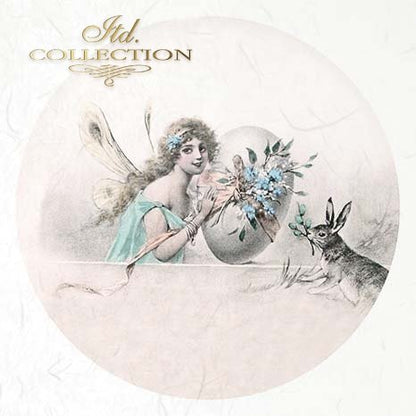 Vintage-style illustration of a fairy with flowers and a rabbit