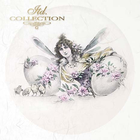 Decorative image of a fairy surrounded by eggs and flowers
