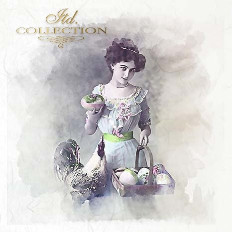 Vintage-style illustration of a woman holding eggs and a basket with a rooster on a soft, light background.