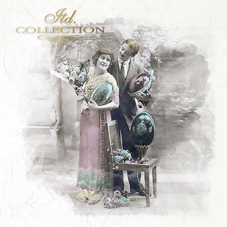 Vintage-style image of a couple with decorative eggs and flowers