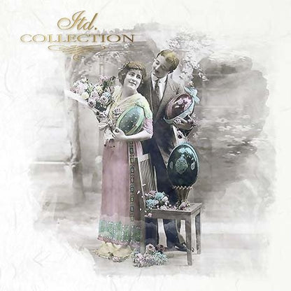 Vintage-style image of a couple with decorative eggs and flowers