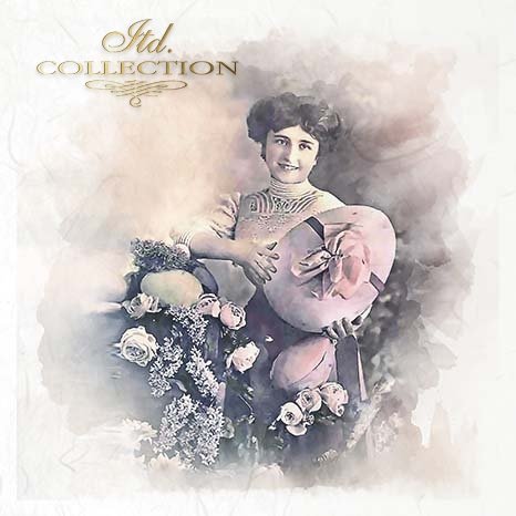 Vintage-style portrait of a woman holding decorative egg with flowers 