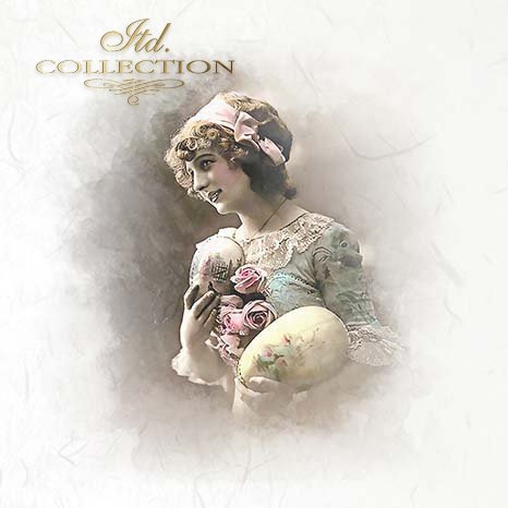 Vintage-style portrait of a woman holding flowers and decorative eggs