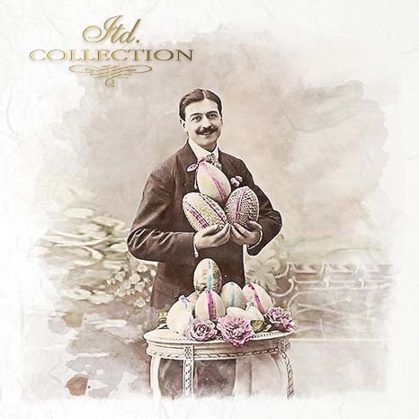 Vintage-style image of a man holding Easter eggs with decorative eggs on a table.